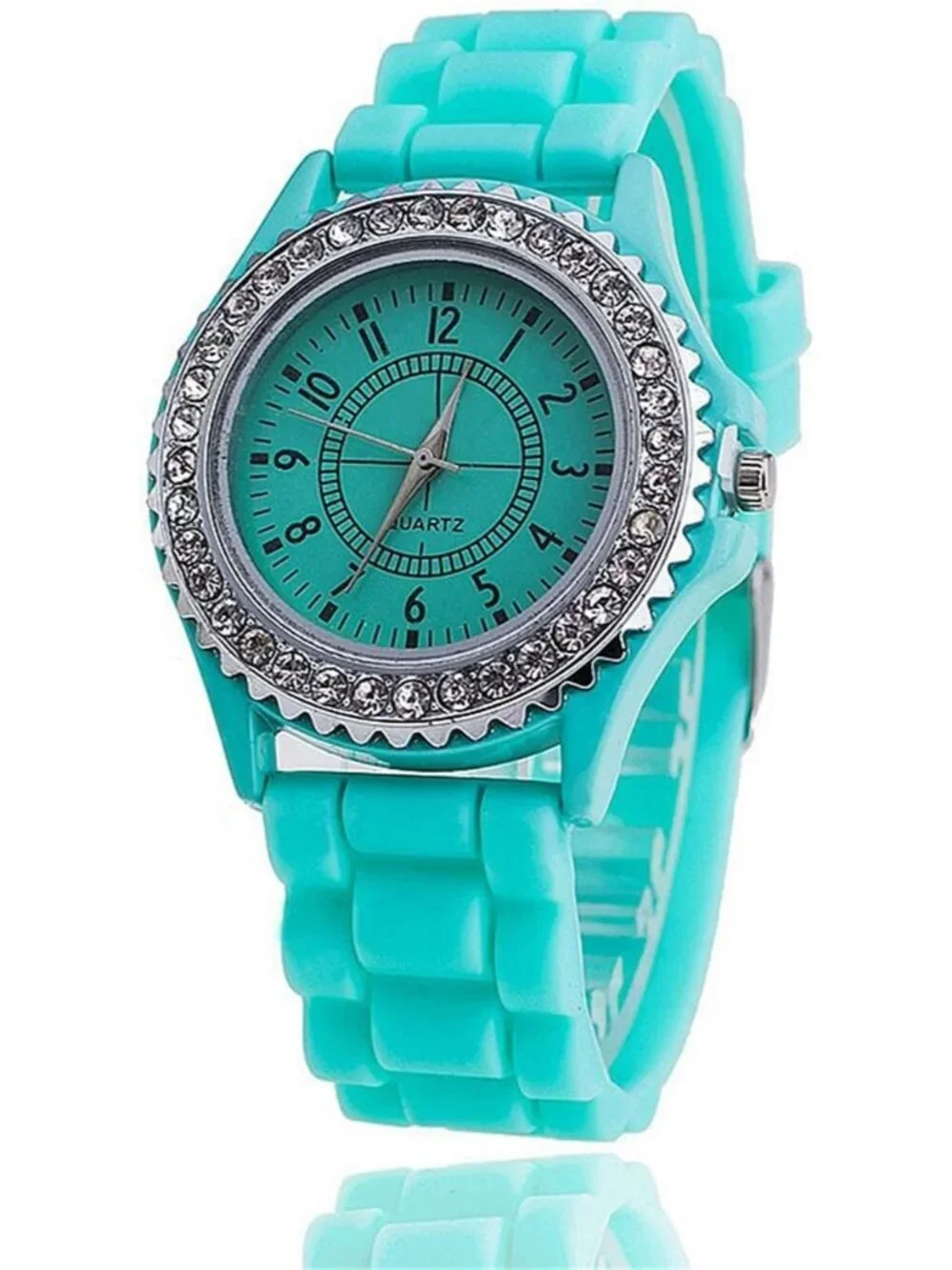 Women Mint Green Analog Quartz Silicone Band Lady Digital Rhinestone Wrist Watch